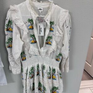 Place Nationale White Embroidered Mini Dress with Tropical Motif